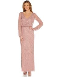 Adrianna Papell - Long Sleeve Beaded Blousson Evening Gown With V Neckline - Lyst