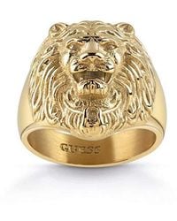Guess Lion Head Ring In Gold Plated Stainless Steel - Metallic
