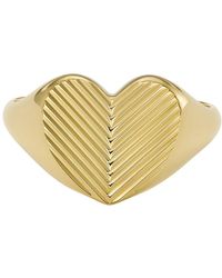 Fossil - Anello con sigillo Harlow Linear Texture Heart da donna in acciaio color oro - Lyst