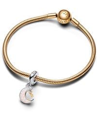 PANDORA - Moments Moon And Key Sterling Silver And 14k Gold-plated Dangle With Clear Cubic Zirconia And Pink Lab-created Opal - Lyst