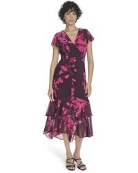 Tommy Hilfiger - Chiffon Flutter Sleeve And Hem V Neck Midi Dress - Lyst