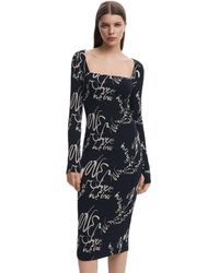 Desigual - Valencia Black Ribbed Fitted Midi Dress With Lettering 25swvk05 - Lyst