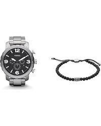 Fossil - Silver-Tone Stainless Steel Watch and Black Semi-Precious Bracelet - Lyst