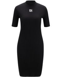 HUGO - S Narcissa 2 Slim-fit Dress In Stretch Cotton With Stacked Logo Black - Lyst
