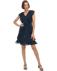 Tommy Hilfiger - Flutter Sleeve V-neck Chiffon Fit And Flare Dress Casual - Lyst