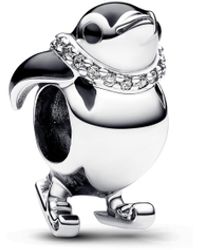 PANDORA - Moments Ice Skating Penguin Sterling Silver Charm With Clear Cubic Zirconia And Black Enamel - Lyst