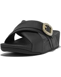 Fitflop - Lulu Crystal-buckle Leather Cross Slides - Lyst