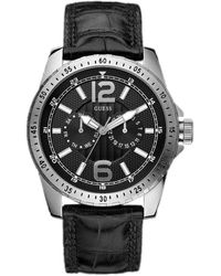 Guess - Quartz Watch With Black Dial Analogue Display And Black Leather Strap W11141g1 - Lyst