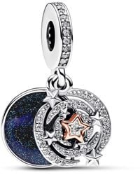 PANDORA - Moments Shooting Star Sterling Silver And 14k Rose Gold-plated Double Dangle With Clear Cubic Zirconia And Shimmering Blue - Lyst