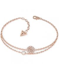 Guess - Miniature Stainless Steel Rose Gold Bracelet Crystal And Quattro G Round Plate Charm Double Strand Link Chains With Lobster - Lyst