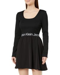 Calvin Klein - Logo Elastic Long Sleeve Dress Fit & Flare Dresses Black - Lyst