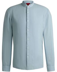HUGO - Elvory Slim-Fit Leinen-Hemd mit Stehkragen Blau M - Lyst