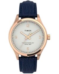 Timex - 34 Mm Waterbury Traditional Leather Strap Watch Rose Gold/white/blue One Size - Lyst