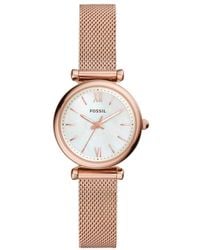 Fossil - Carlie Mini Quartz Stainless Steel Mesh Three-hand Rose Gold Watch - Lyst