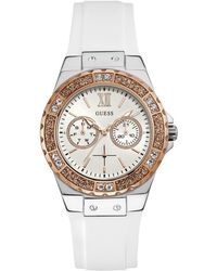 Guess - Stainless Steel + Rose Gold-tone White Stain Resistant Silicone Watch With Day + Date Functions. Color: White - Lyst