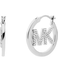 Michael Kors - Silver-tone Plated Brass Pavé Logo Hoop Earrings - Lyst