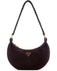 Guess - Leren Schoudertas Amita Hobo Crossbody Bag Espresso Donkerbruin - Lyst