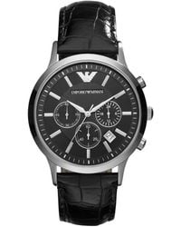 Emporio Armani - Chronograph Stainless Steel And Black Leather Watch - Lyst