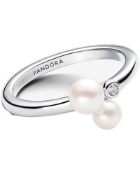 PANDORA - Timeless Bague en argent sterling avec perle de culture d'eau douce traitée blanche et zircones cubiques transparentes - Lyst
