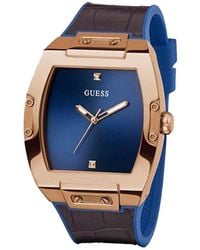 Guess - Trend Casual Tonneau Diamond 43mm Watch – Blue Dial Rose Gold Stainless Steel Case With Brown & Blue Flex - Lyst