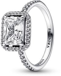 PANDORA - Timeless Sterling Silver Rectangular Sparkling Halo Ring With Clear Cubic Zirconia - Lyst