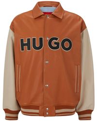 HUGO - Luganos College-Jacke aus Leder im Colour-Block-Design mit Logo Orange L - Lyst