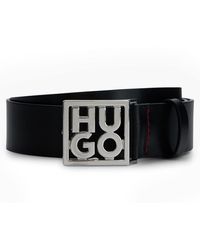 HUGO - Italian-leather Belt With Stacked-logo Buckle - Lyst