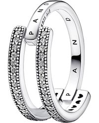 PANDORA - Signature Logo & Pavé Double Band Sterling Silver Ring With Clear Cubic Zirconia - Lyst
