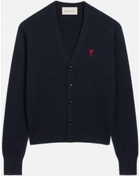 Ami Paris - V Neck Wool Cardigan With Ami De Coeur - Lyst