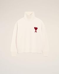 Ami Paris - Natural Wool Funnel Neck Sweater With Contrasted Ami De Coeur - Lyst