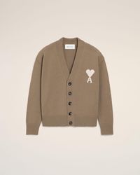 Ami Paris - Cardigan Ami De Coeur En Laine Taupe & Ecru - Lyst
