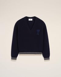 Ami Paris - Pullover Mit V-Ausschnitt Aus Gerippter Wolle - Lyst