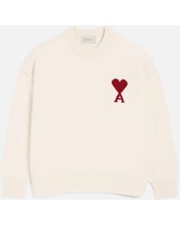 Ami Paris - Natural Crewneck Wool Sweater With Ami De Coeur - Lyst
