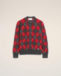 Ami Paris - Cardigan Gris Motif Argyle Rouge En Laine Gris Carbone & Rubis Rouge - Lyst
