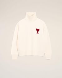 Ami Paris - Natural Funell Neck Wool Sweater With Ami De Coeur - Lyst
