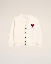Ami Paris - Natural Wool Cardigan With Contrasted Ami De Coeur - Lyst