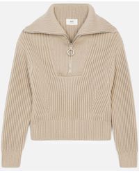 AMI Boxy Fit Zip Collar Fancy Rib Sweater - Natural