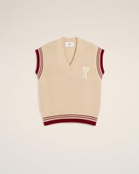 Ami Paris - Beigefarbener Gerippter Wollpullover Mit V-Ausschnitt - Lyst