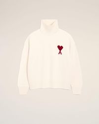 Ami Paris - Natural Wool Funnel Neck Sweater With Contrasted Ami De Coeur - Lyst