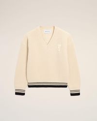 Ami Paris - Weißer, Gerippter Ami De Coeur Pullover Aus Wolle Mit V-Ausschnitt Weiß - Lyst