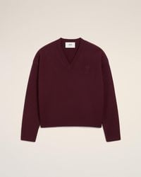 Ami Paris - Pull Bordeaux Col V Ami De Coeur En Laine - Lyst