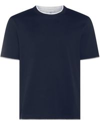 Brunello Cucinelli - Dark Blue Silk And Cotton T-shirt - Lyst