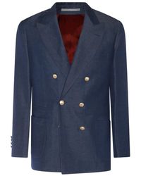 Brunello Cucinelli - Navy Blue Linen-wool Blend Blazer - Lyst