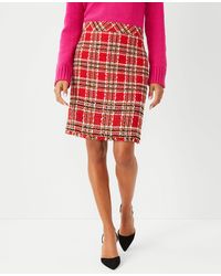 Ann Taylor Petite Plaid Fringe Tweed Skirt - Red