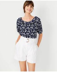 Ann Taylor Floral Ruffle Boatneck Blouse - Blue