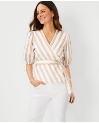 Ann Taylor Stripe Belted Wrap Blouse - Natural