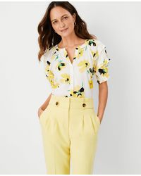 Ann Taylor Floral Ruffle Sleeve Button Front Top - Yellow