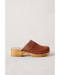 Anthropologie Embroidered Suede Clogs - Brown