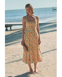 knee length dresses for ladies Maeve Pleated Midi Dress: Floral Midi Dress, Sundress, Plisse Dress, Blue  Midi, Green Midi, Summer Dress main image 1