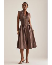 Maeve - The Tommie Cap-Sleeve Smocked Front-Zip Midi Shirt Dress - Lyst